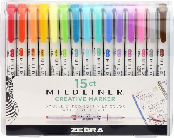 ZEBRA Mildliner Brush and Marker FluorescentSet 15 Pack (78115)