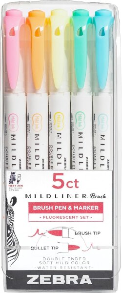 ZEBRA Mildliner Brush and Marker Fluorescent Set 5 Pack (79105)